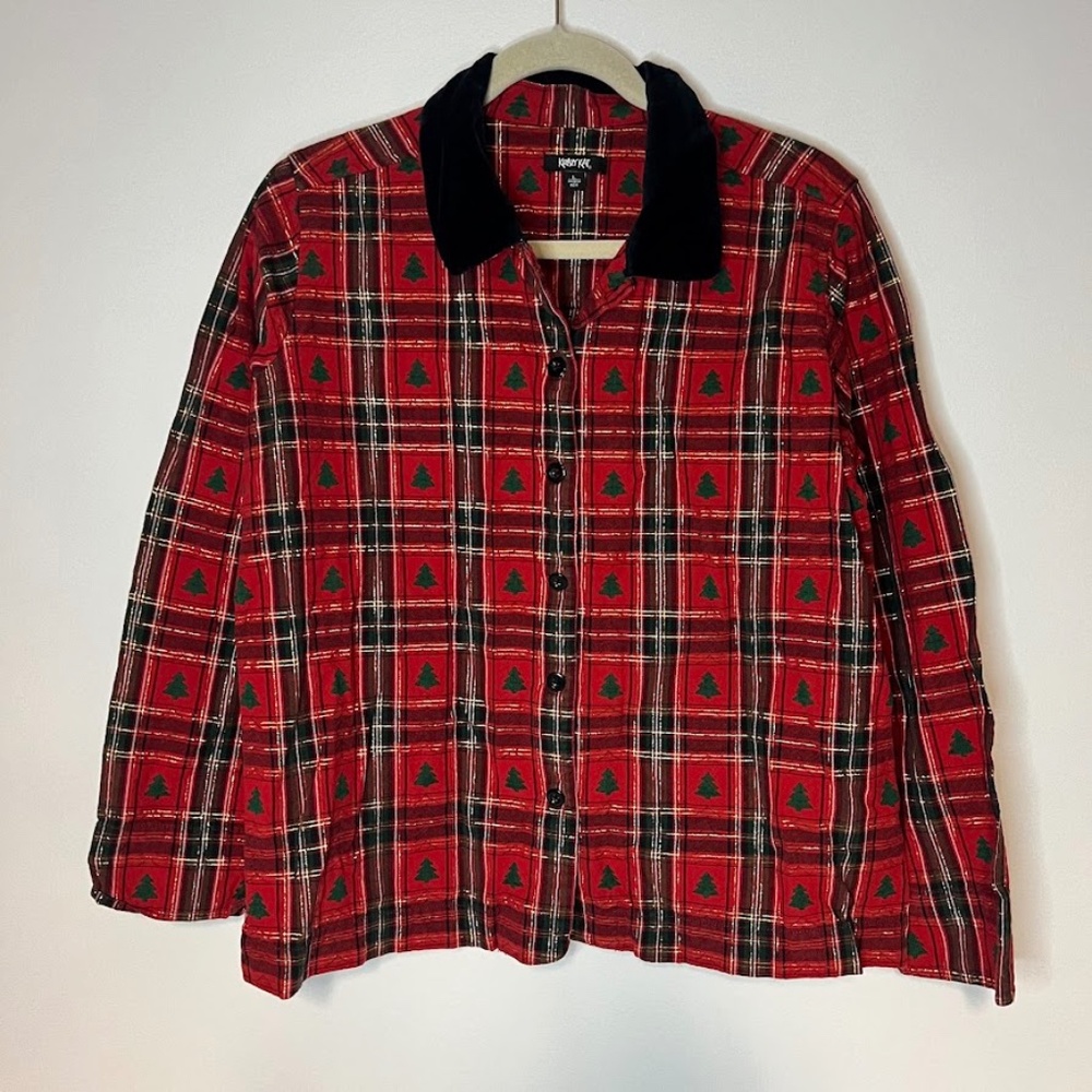 Vintage 1990s Christmas Tree Plaid Shirt, Metallic Detail, Velvet Collar, Button